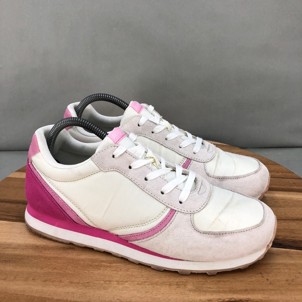 J Crew City Sneakers Womens 9 Retro Trainer Leather Suede Pink White Casual Shoe